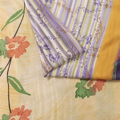 Sanskriti Vintage Sarees Ivory Pure Crepe Floral Printed Sari 5+yd Craft Fabric