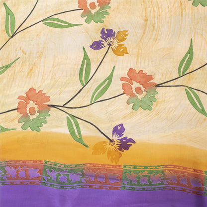 Sanskriti Vintage Sarees Ivory Pure Crepe Floral Printed Sari 5+yd Craft Fabric