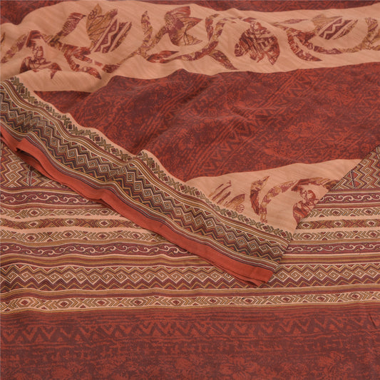 Sanskriti Vintage Dark Red/Peach Sarees Pure Crepe Silk Print Sari Craft Sustainable Fabric