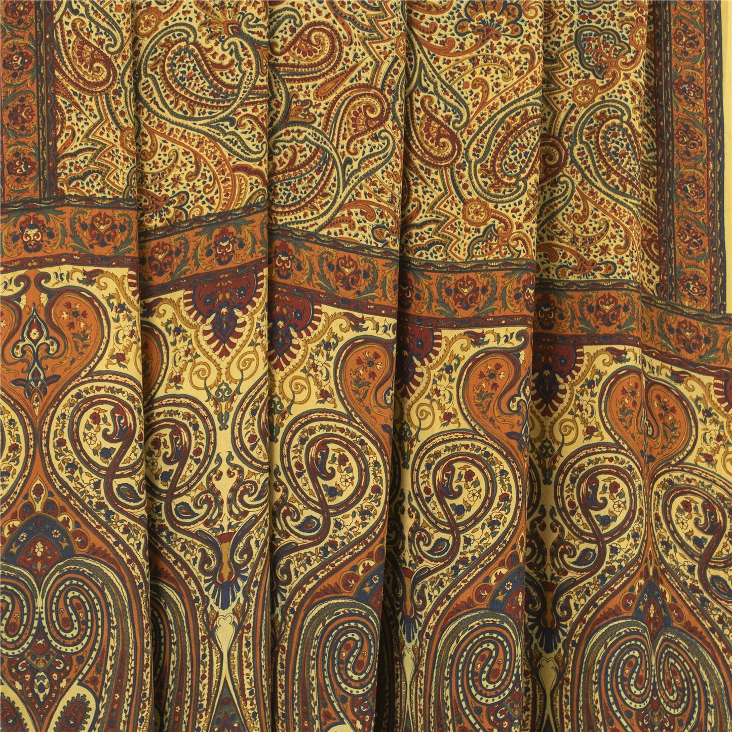 Sanskriti Vintage Sarees Yellow Pure Crepe Silk Printed Sari 5+yd Craft Fabric