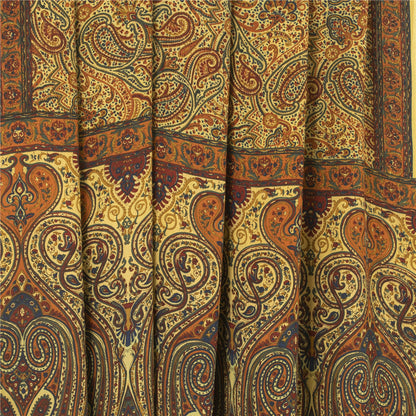 Sanskriti Vintage Sarees Yellow Pure Crepe Silk Printed Sari 5+yd Craft Fabric