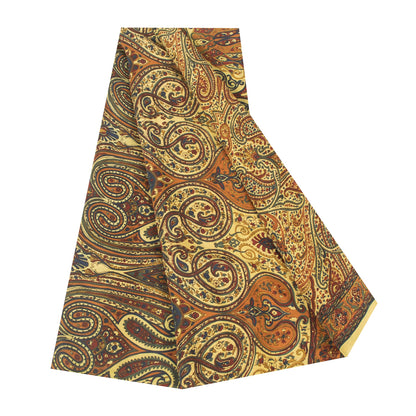 Sanskriti Vintage Sarees Yellow Pure Crepe Silk Printed Sari 5+yd Craft Fabric