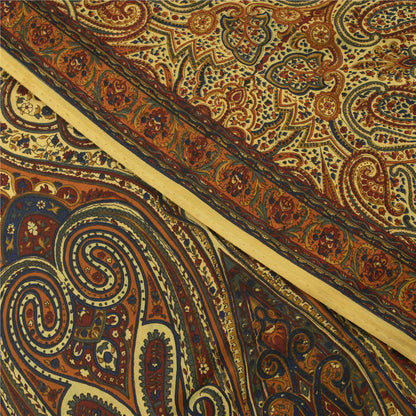 Sanskriti Vintage Sarees Yellow Pure Crepe Silk Printed Sari 5+yd Craft Fabric