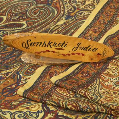 Sanskriti Vintage Sarees Yellow Pure Crepe Silk Printed Sari 5+yd Craft Fabric