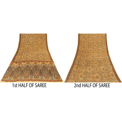 Sanskriti Vintage Sarees Yellow Pure Crepe Silk Printed Sari 5+yd Craft Fabric