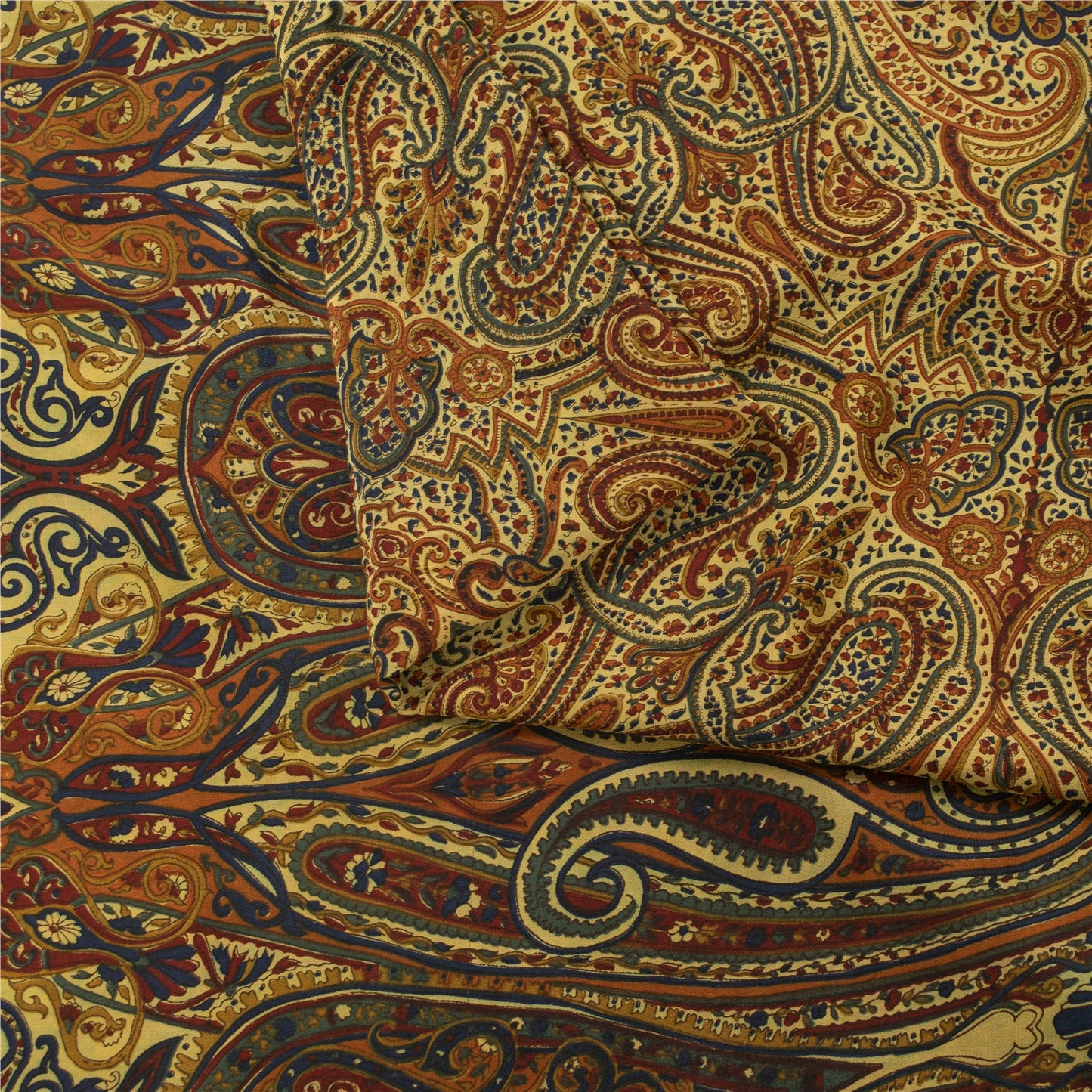 Sanskriti Vintage Sarees Yellow Pure Crepe Silk Printed Sari 5+yd Craft Fabric