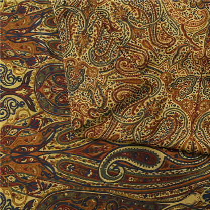 Sanskriti Vintage Sarees Yellow Pure Crepe Silk Printed Sari 5+yd Craft Fabric