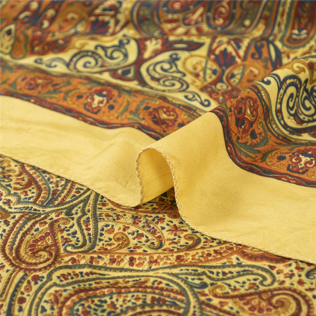 Sanskriti Vintage Sarees Yellow Pure Crepe Silk Printed Sari 5+yd Craft Fabric