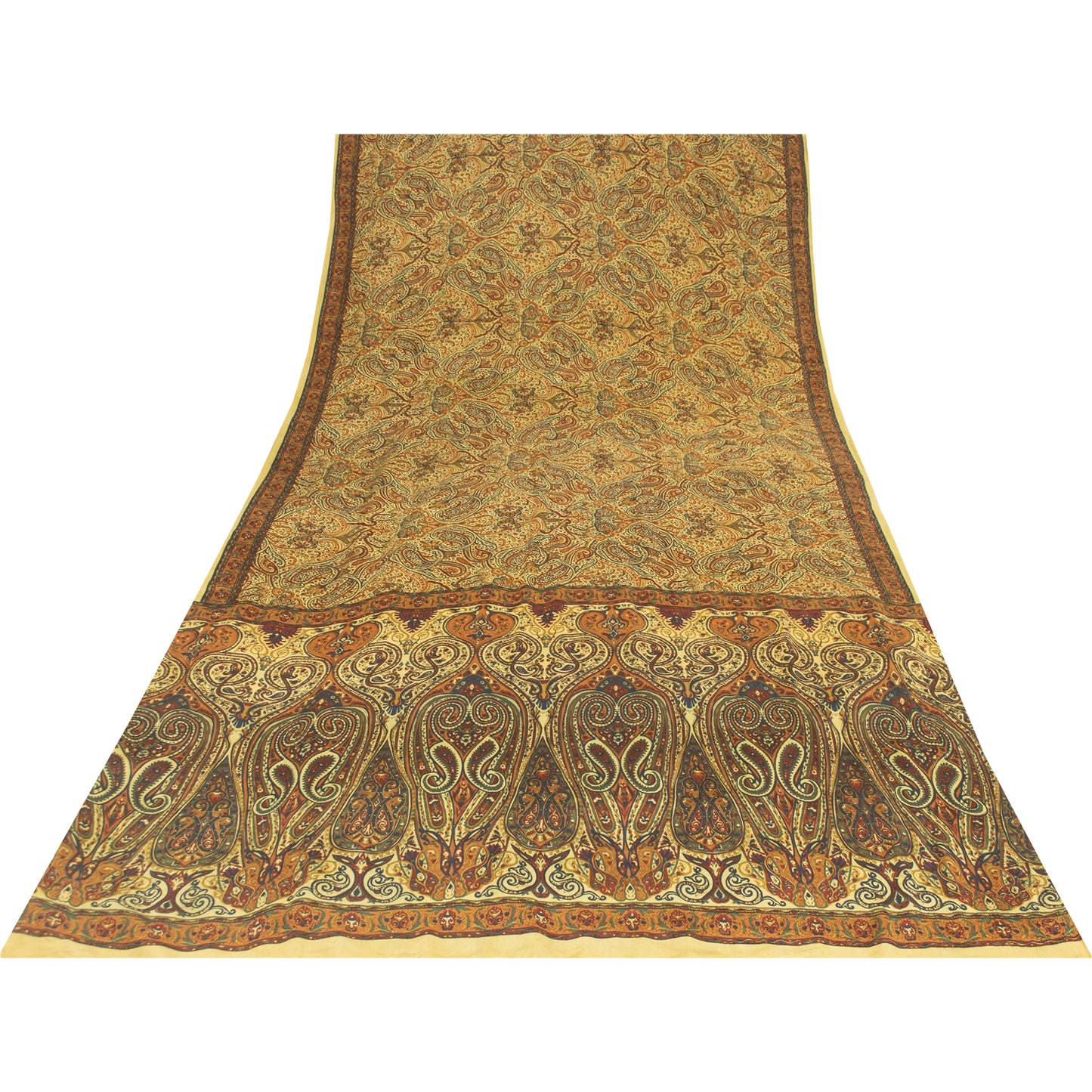 Sanskriti Vintage Sarees Yellow Pure Crepe Silk Printed Sari 5+yd Craft Fabric