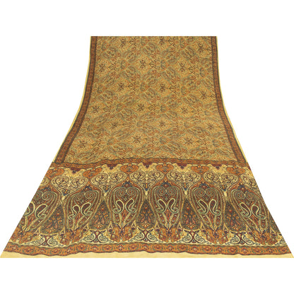 Sanskriti Vintage Sarees Yellow Pure Crepe Silk Printed Sari 5+yd Craft Fabric