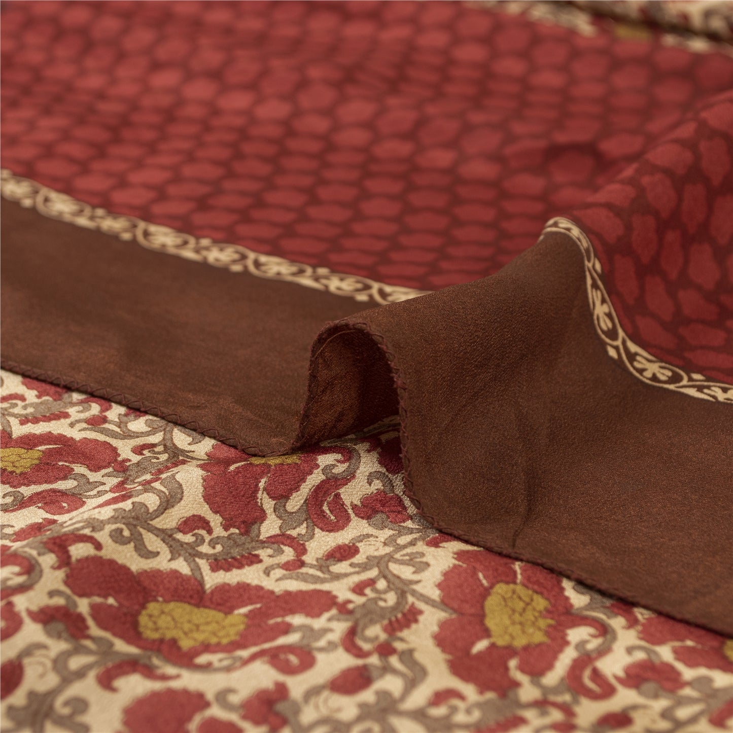 Sanskriti Vintage Sarees Red & Cream Pure Crepe Printed Sari 5+yd Craft Fabric