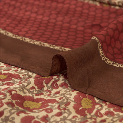 Sanskriti Vintage Sarees Red & Cream Pure Crepe Printed Sari 5+yd Craft Fabric