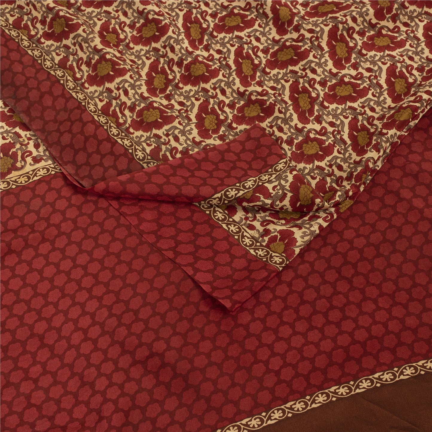 Sanskriti Vintage Sarees Red & Cream Pure Crepe Printed Sari 5+yd Craft Fabric