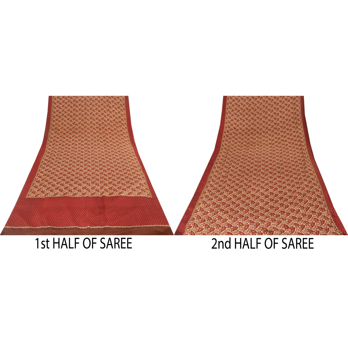 Sanskriti Vintage Sarees Red & Cream Pure Crepe Printed Sari 5+yd Craft Fabric