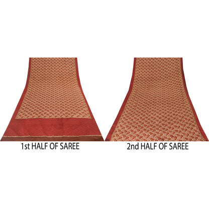 Sanskriti Vintage Sarees Red & Cream Pure Crepe Printed Sari 5+yd Craft Fabric