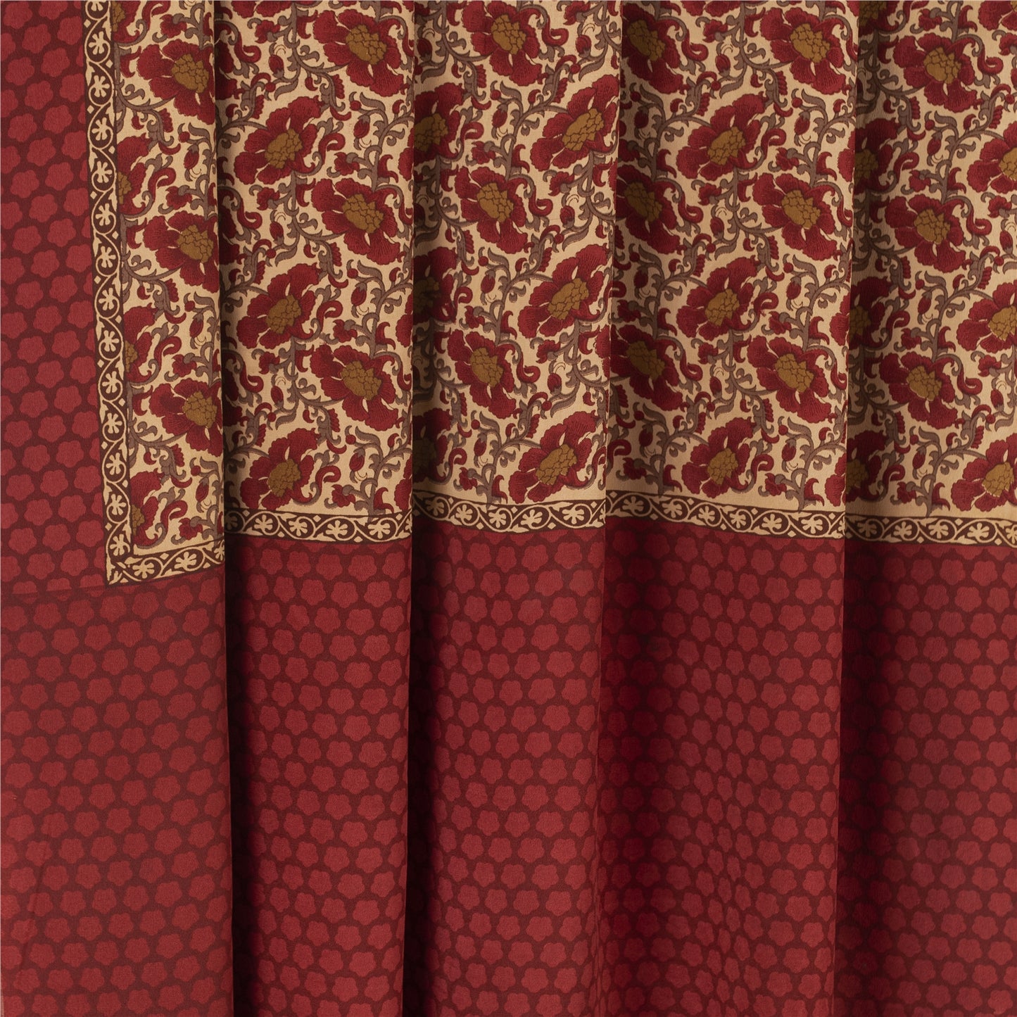 Sanskriti Vintage Sarees Red & Cream Pure Crepe Printed Sari 5+yd Craft Fabric