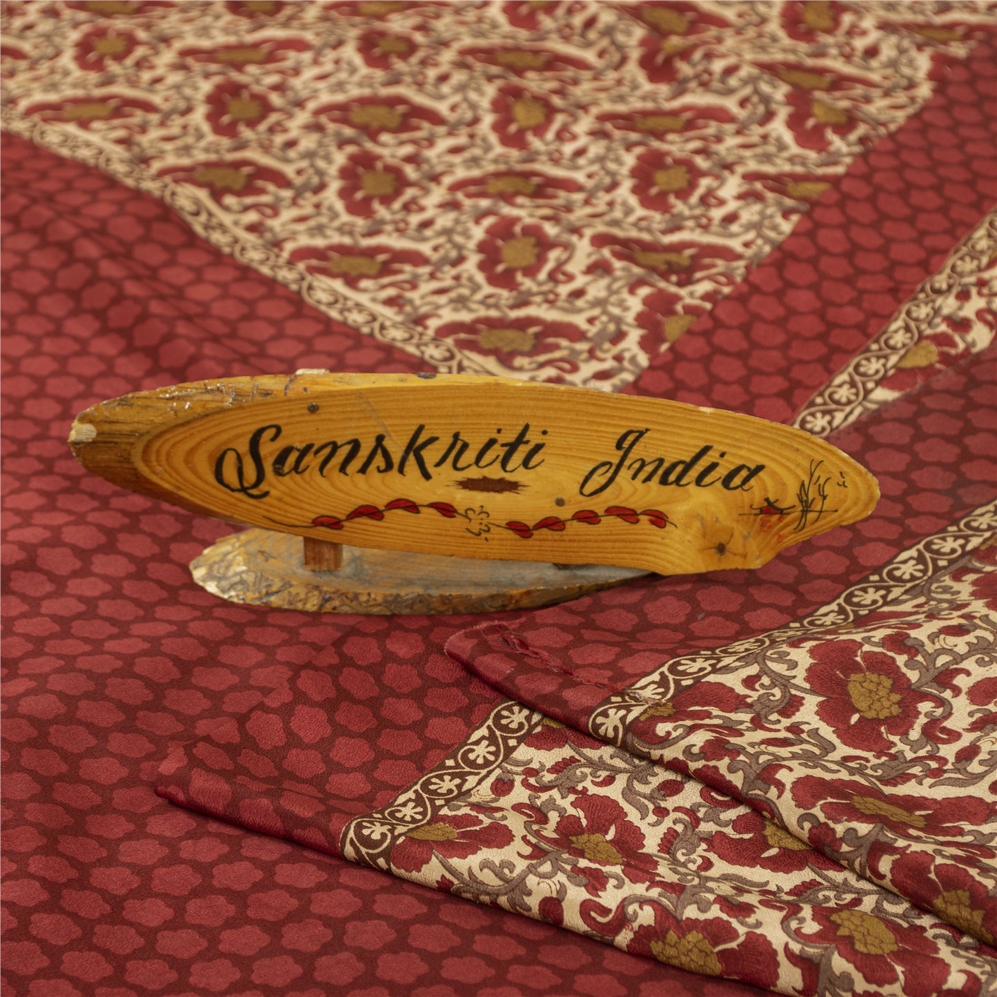 Sanskriti Vintage Sarees Red & Cream Pure Crepe Printed Sari 5+yd Craft Fabric