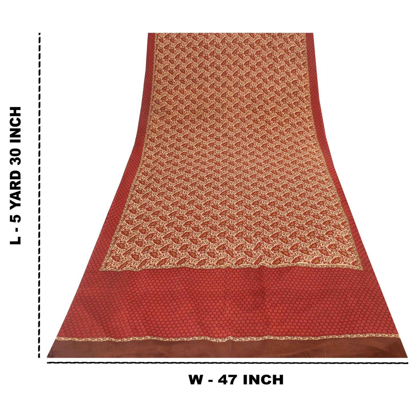 Sanskriti Vintage Sarees Red & Cream Pure Crepe Printed Sari 5+yd Craft Fabric