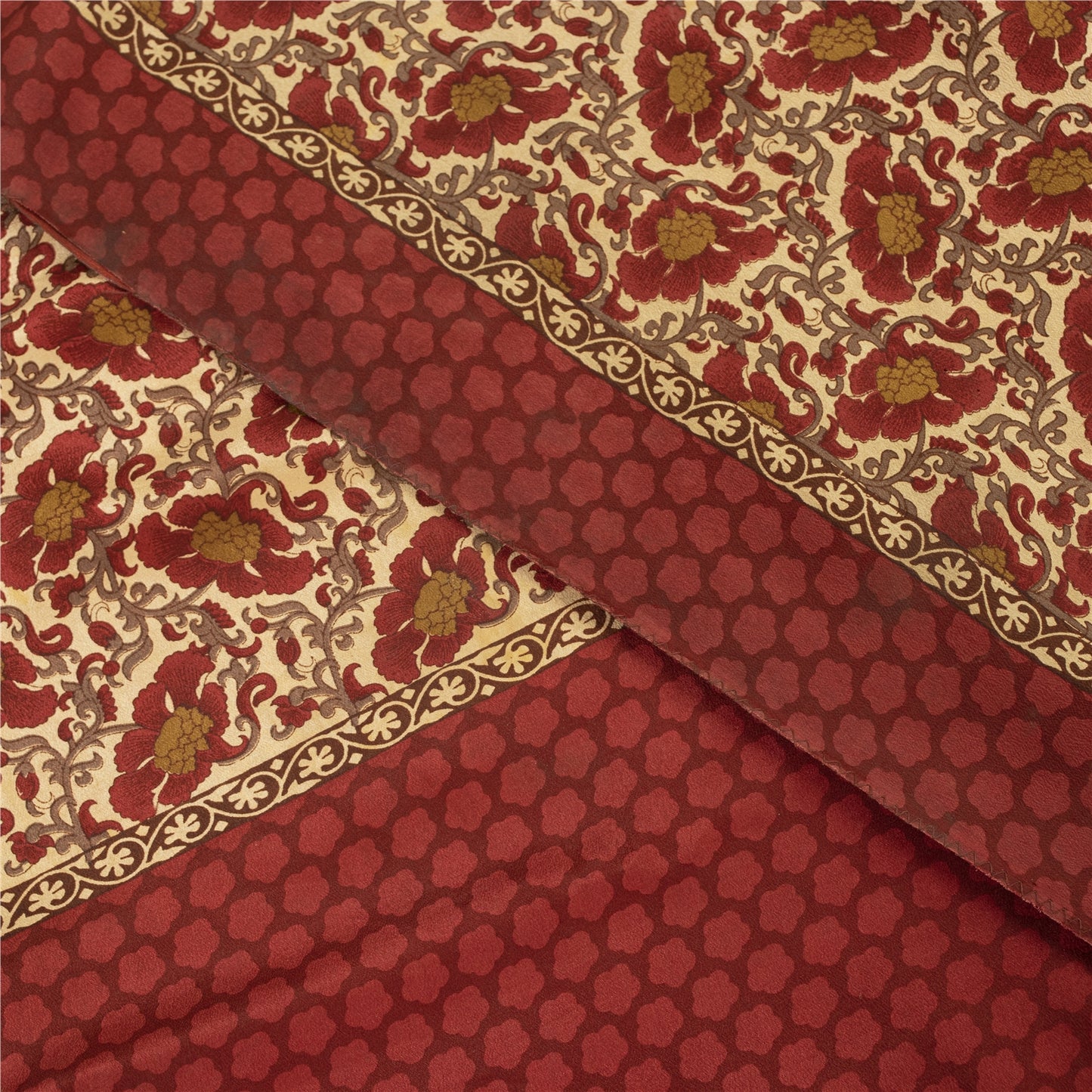 Sanskriti Vintage Sarees Red & Cream Pure Crepe Printed Sari 5+yd Craft Fabric