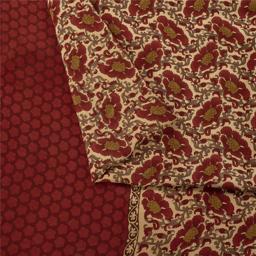 Sanskriti Vintage Sarees Red & Cream Pure Crepe Printed Sari 5+yd Craft Fabric