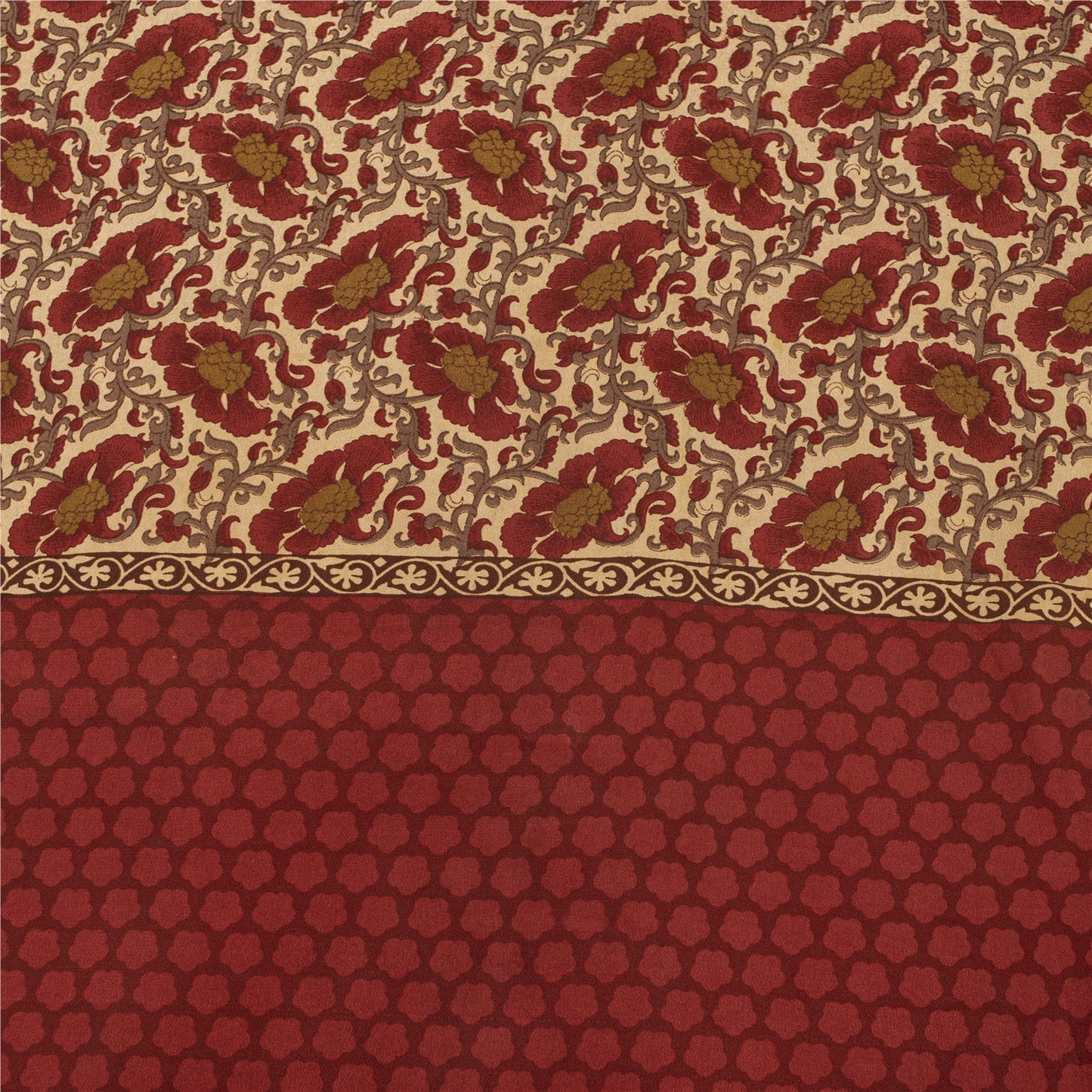 Sanskriti Vintage Sarees Red & Cream Pure Crepe Printed Sari 5+yd Craft Fabric