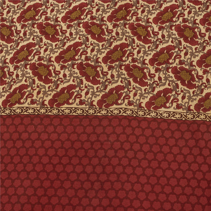 Sanskriti Vintage Sarees Red & Cream Pure Crepe Printed Sari 5+yd Craft Fabric