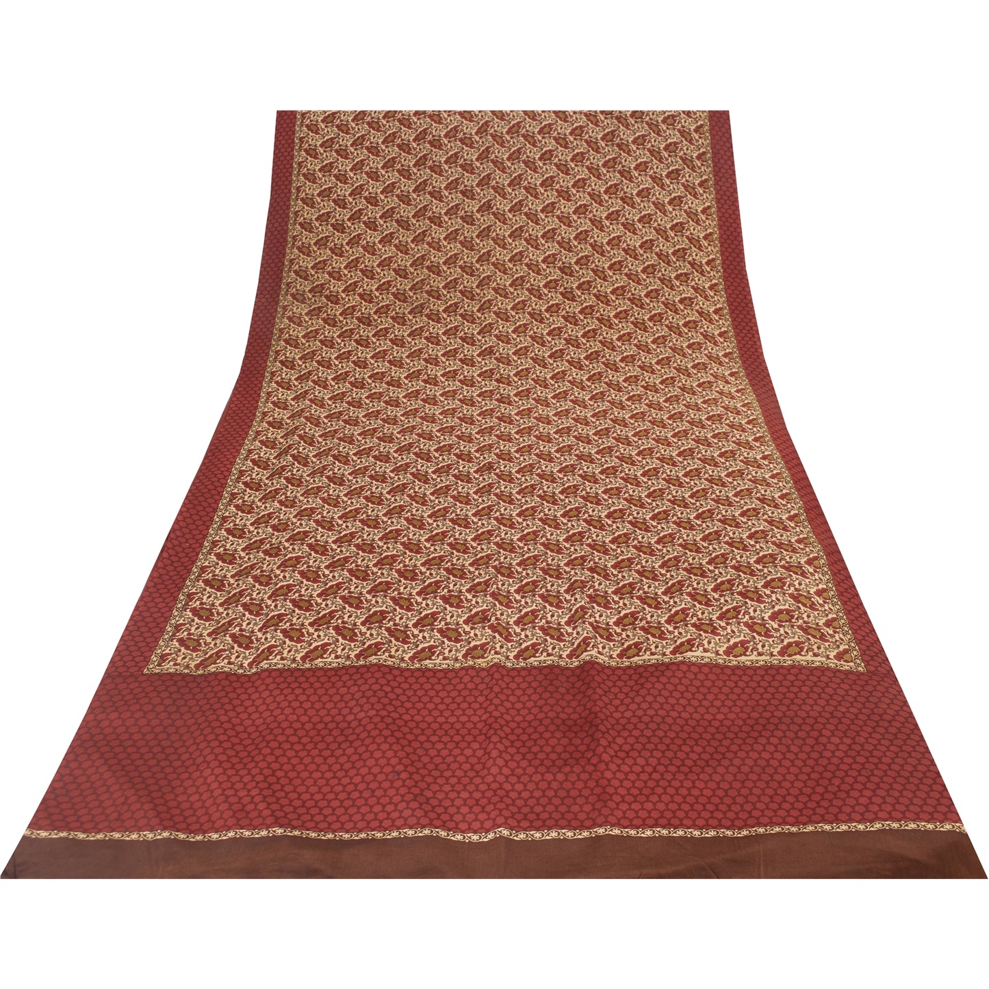 Sanskriti Vintage Sarees Red & Cream Pure Crepe Printed Sari 5+yd Craft Fabric