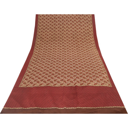 Sanskriti Vintage Sarees Red & Cream Pure Crepe Printed Sari 5+yd Craft Fabric