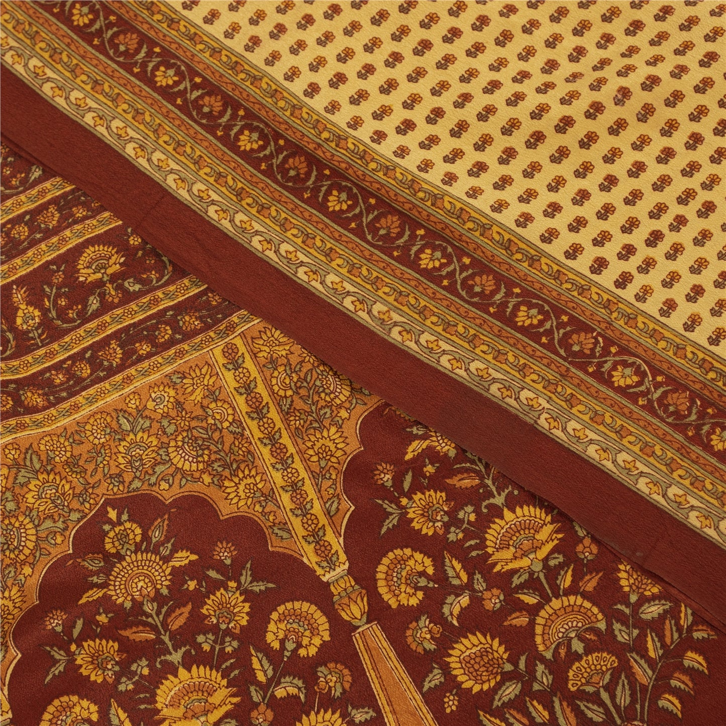 Sanskriti Vintage Sarees Pale Yellow Pure Crepe Printed Sari 5+yd Craft Fabric