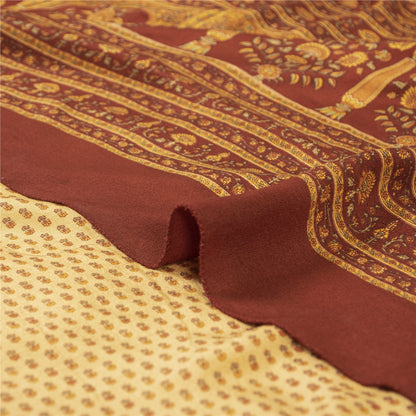 Sanskriti Vintage Sarees Pale Yellow Pure Crepe Printed Sari 5+yd Craft Fabric