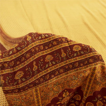 Sanskriti Vintage Sarees Pale Yellow Pure Crepe Printed Sari 5+yd Craft Fabric