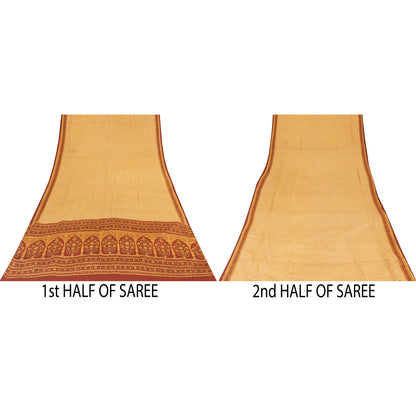 Sanskriti Vintage Sarees Pale Yellow Pure Crepe Printed Sari 5+yd Craft Fabric