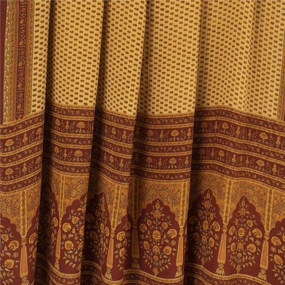 Sanskriti Vintage Sarees Pale Yellow Pure Crepe Printed Sari 5+yd Craft Fabric