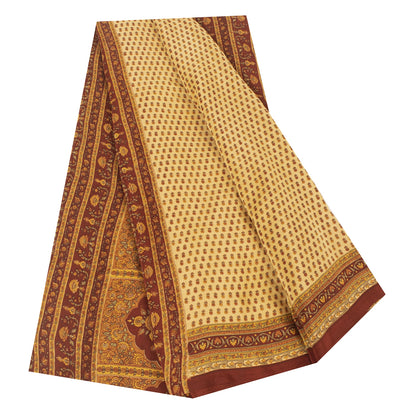 Sanskriti Vintage Sarees Pale Yellow Pure Crepe Printed Sari 5+yd Craft Fabric