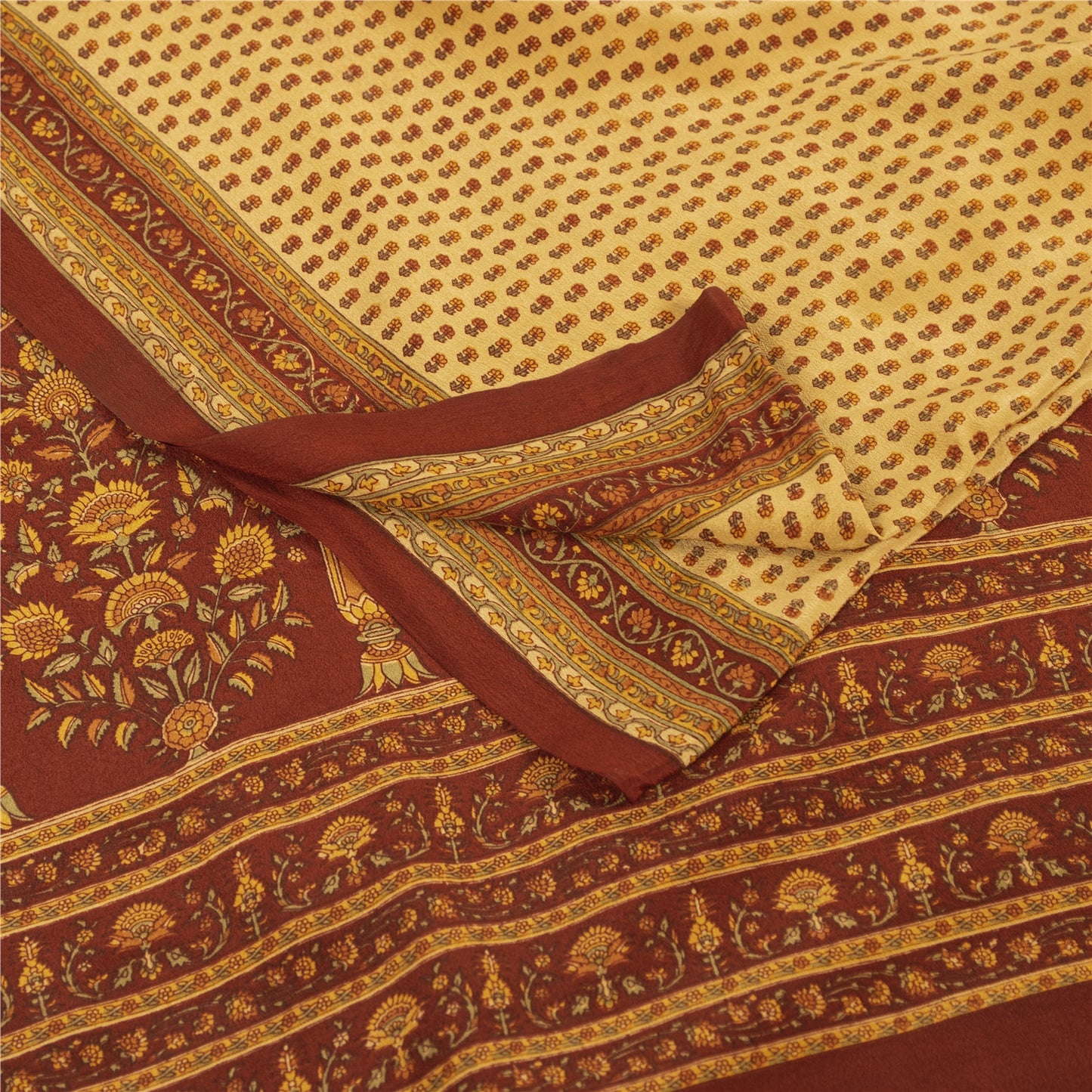 Sanskriti Vintage Sarees Pale Yellow Pure Crepe Printed Sari 5+yd Craft Fabric