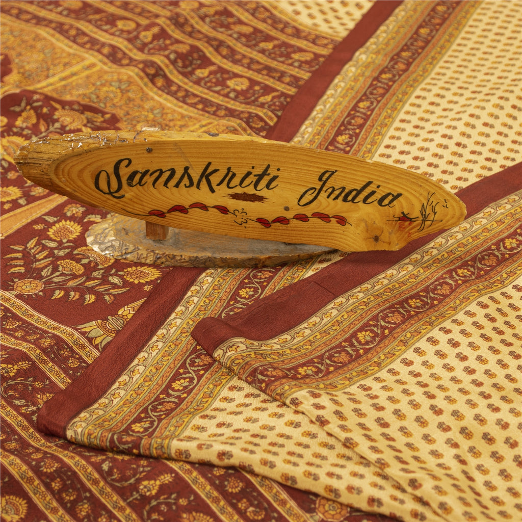 Sanskriti Vintage Sarees Pale Yellow Pure Crepe Printed Sari 5+yd Craft Fabric