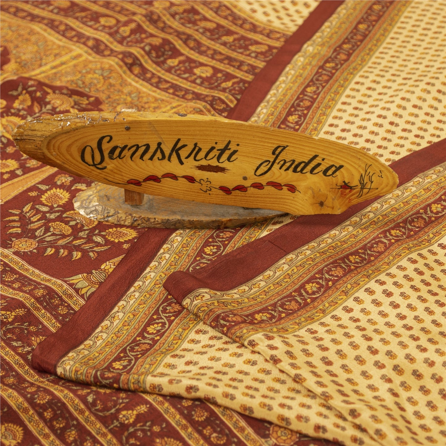 Sanskriti Vintage Sarees Pale Yellow Pure Crepe Printed Sari 5+yd Craft Fabric