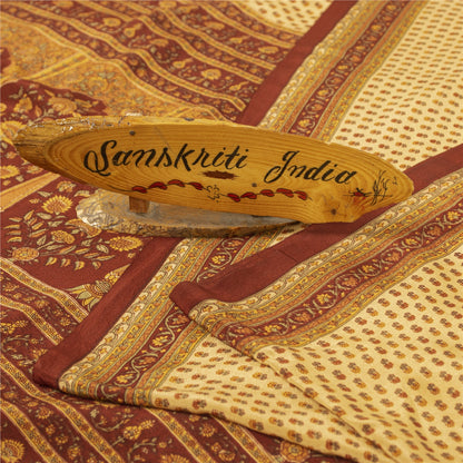 Sanskriti Vintage Sarees Pale Yellow Pure Crepe Printed Sari 5+yd Craft Fabric