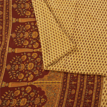 Sanskriti Vintage Sarees Pale Yellow Pure Crepe Printed Sari 5+yd Craft Fabric