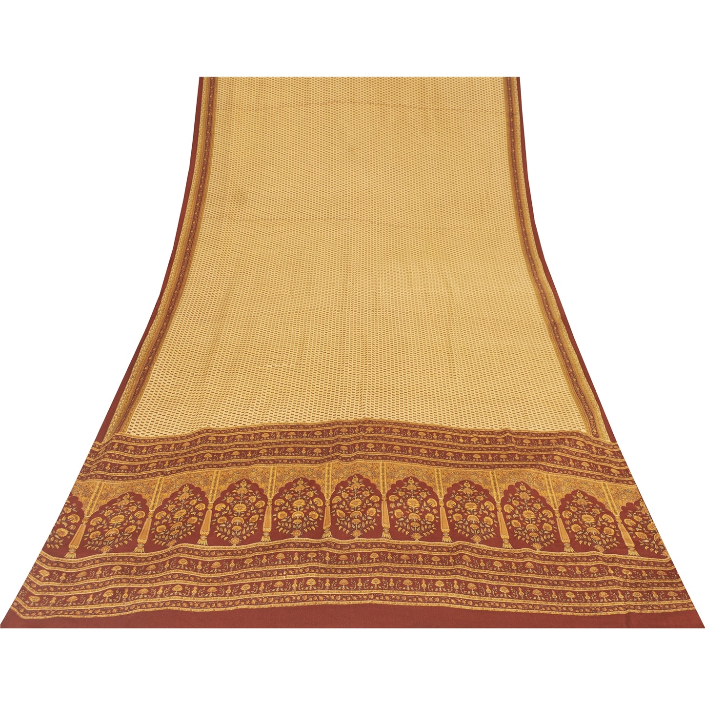 Sanskriti Vintage Sarees Pale Yellow Pure Crepe Printed Sari 5+yd Craft Fabric