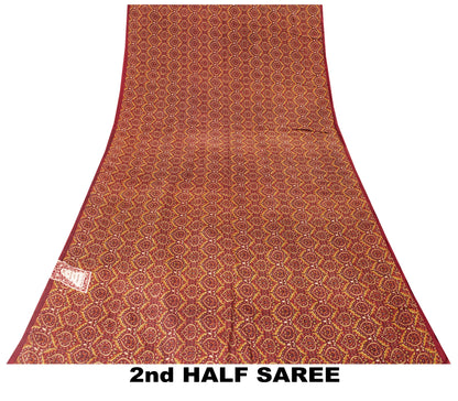 Sanskriti Vintage Sarees Red Pure Crepe Floral Print 5+YD Sari For Dressmaking