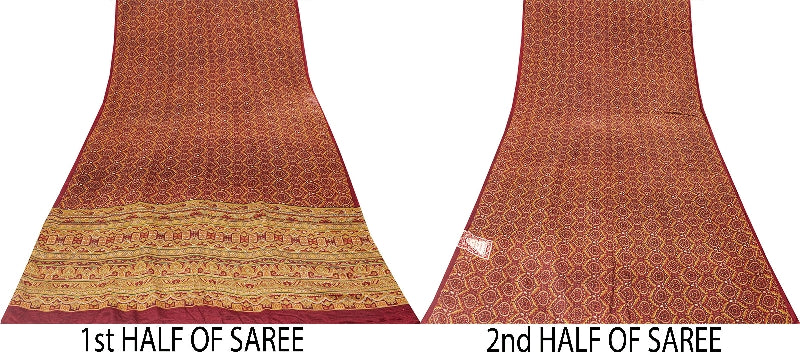Sanskriti Vintage Sarees Red Pure Crepe Floral Print 5+YD Sari For Dressmaking