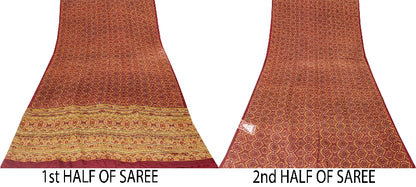 Sanskriti Vintage Sarees Red Pure Crepe Floral Print 5+YD Sari For Dressmaking