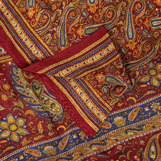 Sanskriti Vintage Sarees Red Pure Crepe Paisley Print 5+YD Indian Textile Sari