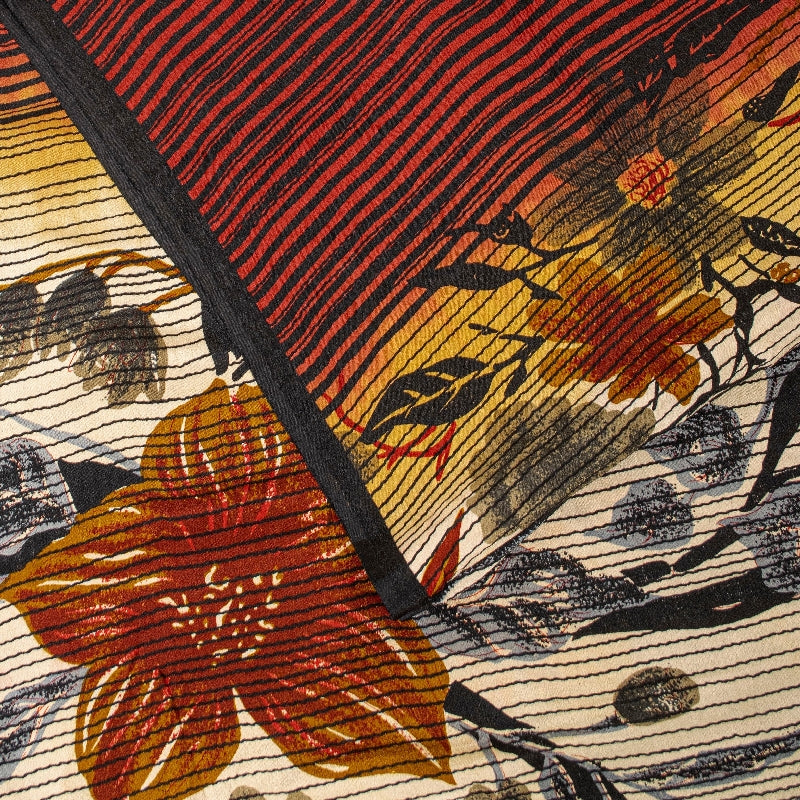 Sanskriti Vintage Sarees Ivory & Red Pure Crepe Floral Print 5+YD Indian Sari