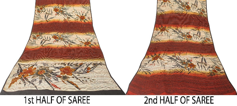 Sanskriti Vintage Sarees Ivory & Red Pure Crepe Floral Print 5+YD Indian Sari