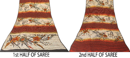 Sanskriti Vintage Sarees Ivory & Red Pure Crepe Floral Print 5+YD Indian Sari