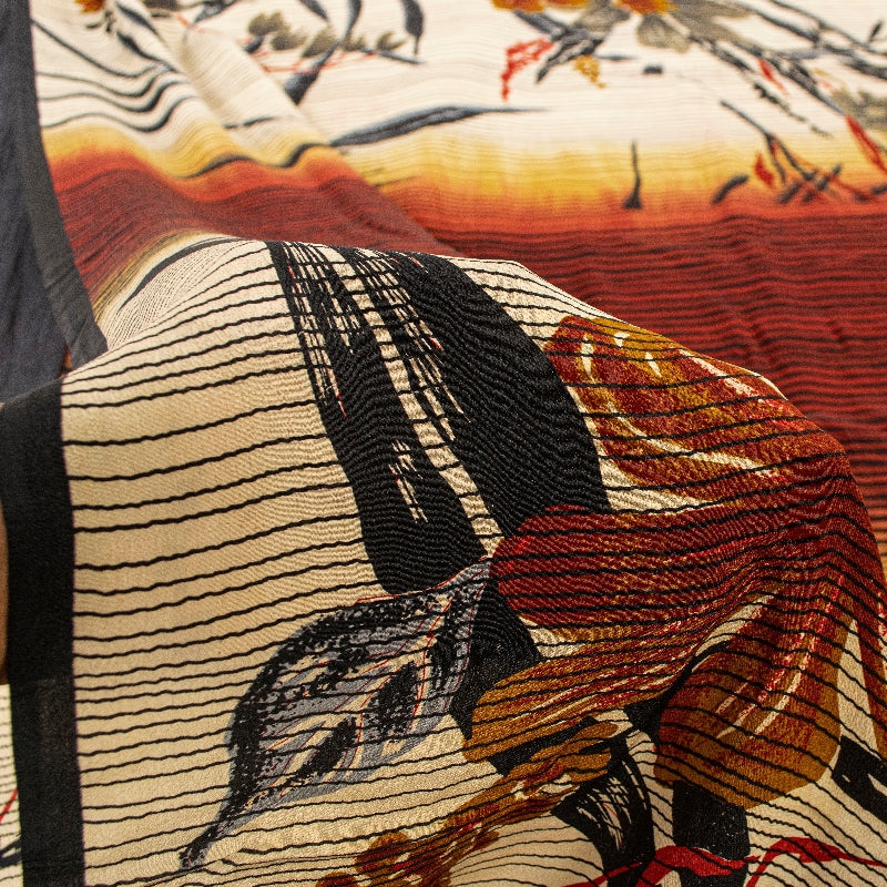 Sanskriti Vintage Sarees Ivory & Red Pure Crepe Floral Print 5+YD Indian Sari