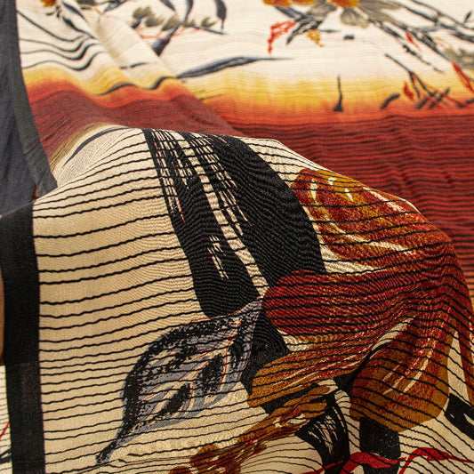 Sanskriti Vintage Sarees Ivory & Red Pure Crepe Floral Print 5+YD Indian Sari