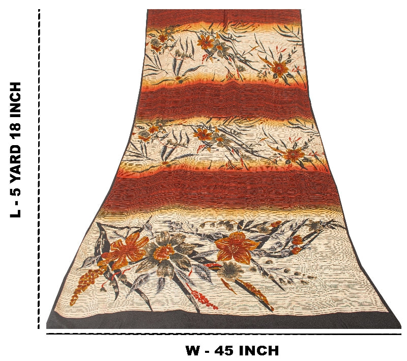 Sanskriti Vintage Sarees Ivory & Red Pure Crepe Floral Print 5+YD Indian Sari